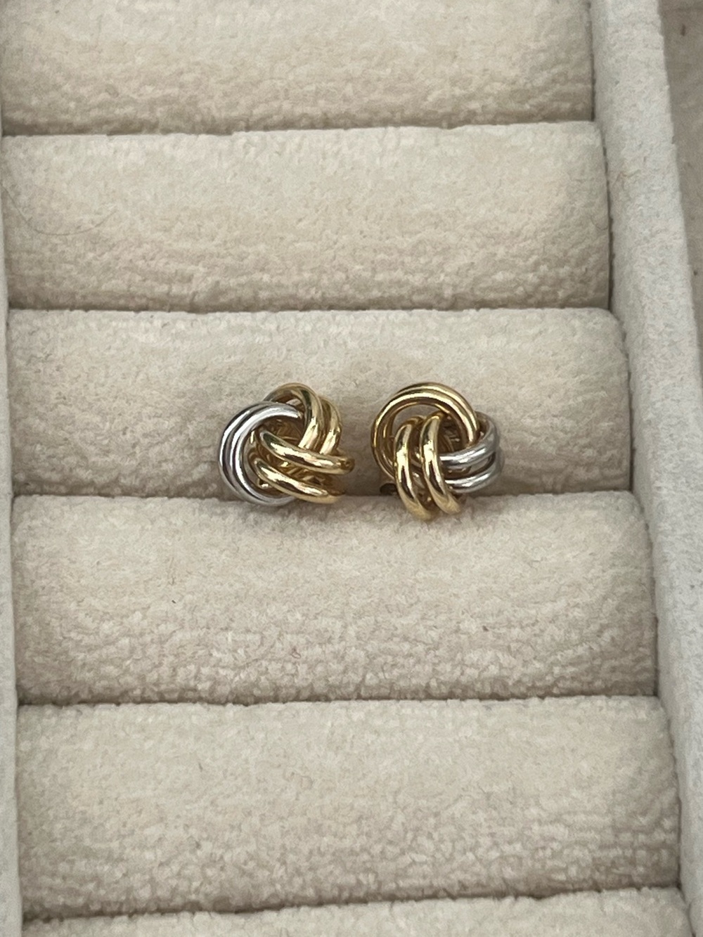 14K Gold Two Toned Interlocking Knot Stud Earrings, Real Yellow & White Gold - Picture 6 of 12